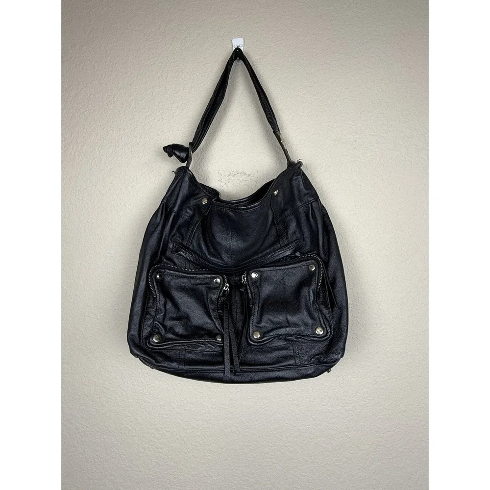 Y2K Junior Drake Women's Black Leather Hobo Bag Tassels Slouchy Gold Hardware